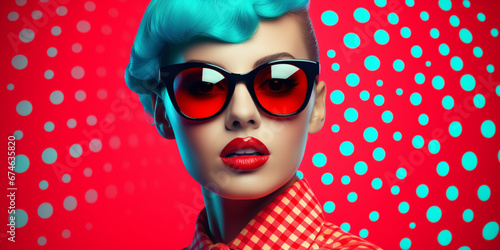 Cool Fashionable Women. DJ girl in neon colorful trendy jacket and vintage retro sunglasses, style of 80s, 90s vibes, pop art, op art, disco party. Iconic fashion model on red color background.