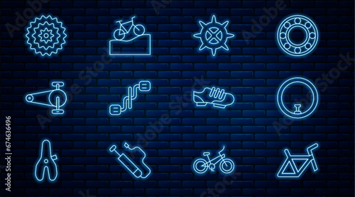 Set line Bicycle frame, wheel, sprocket crank, pedals, chain with gear, cassette, shoes and Mountain bicycle icon. Vector
