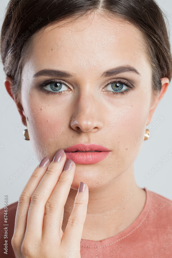 Young brunette. Beautiful model woman with healthy real skin and wavy hair. Natural beauty concept Young brunette. Beautiful model woman with healthy real skin and wavy hair. Natural beauty concept