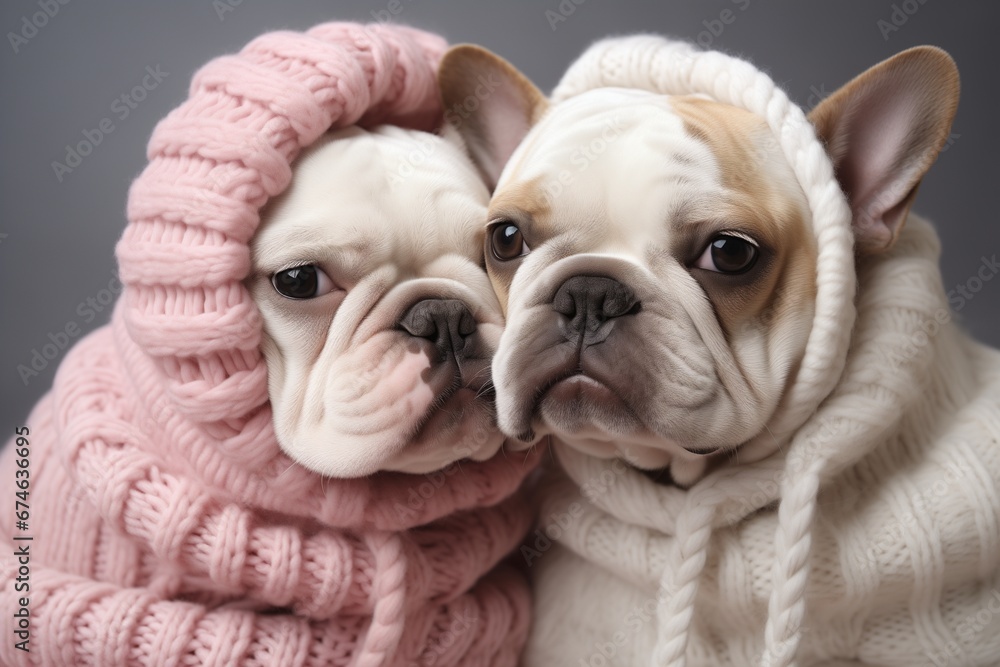 french bulldog puppies wearing cozy warm winter clothes. Generative AI. Valentine concept