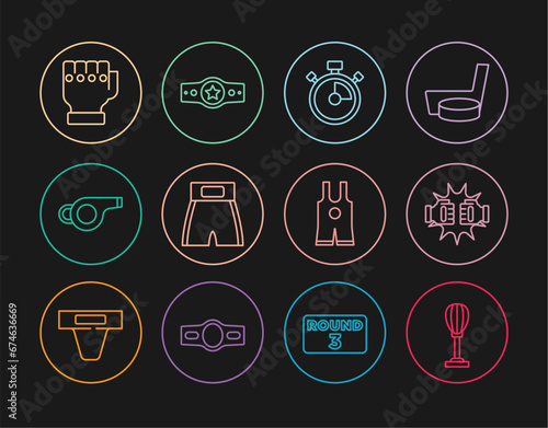 Set line Punching bag, boxing gloves, Stopwatch, Boxing short, Whistle, MMA, Wrestling singlet and belt icon. Vector