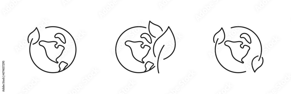 Green earth, eco planet, globe icon set. Globe with leaves. Vector EPS 10 Green earth, eco planet, globe icon set. Globe with leaves. Vector EPS 10