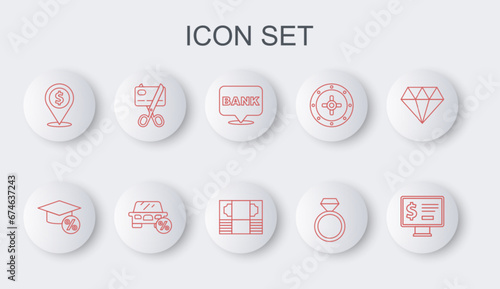 Set line Monitor with dollar, Graduation cap and coin, Bank building, Diamond engagement ring, Cash location, Scissors cutting credit card, Car leasing percent and Stacks paper money cash icon. Vector