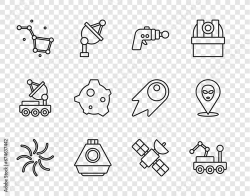 Set line Black hole, Mars rover, Ray gun, Space capsule, Great Bear constellation, Asteroid, Satellite and Alien icon. Vector