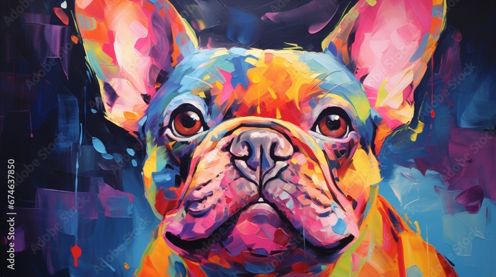 an engaging neon oil painting of a French Bulldog, using thick brushstrokes to capture its unique and heartwarming qualities.