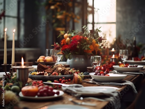 Dinner table setting for Thanksgiving dinner in a restaurant Traditional Thanksgiving turkey dinner.