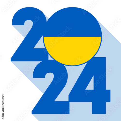 Happy New Year 2024 long shadow banner with Ukraine flag inside. Vector illustration.
