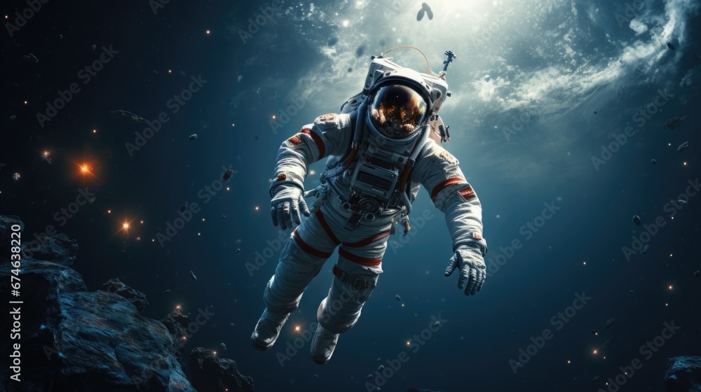 Astronaut floating in zero gravity outside a space station
