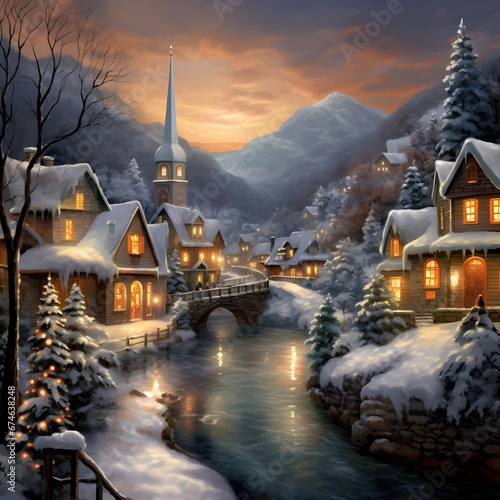 Digital painting of a winter village in the mountains with christmas decorations