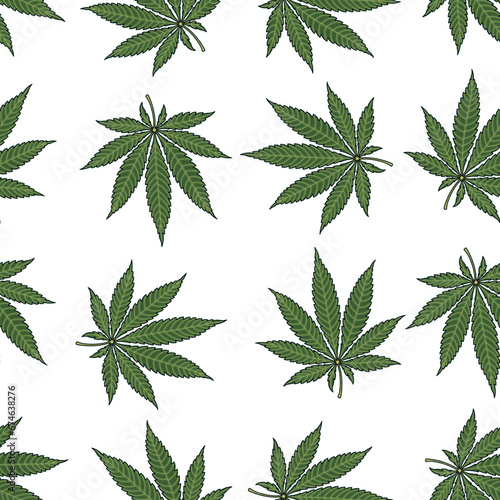 Cannabis green leaves illustration seamless texture pattern. Marijuana leaf background design template art blank.