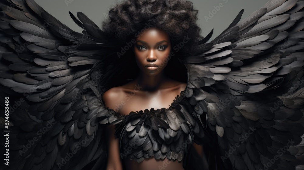 Fashion portrait of a beautiful black angel with wings behind her back Fashion portrait of a beautiful black angel with wings behind her back