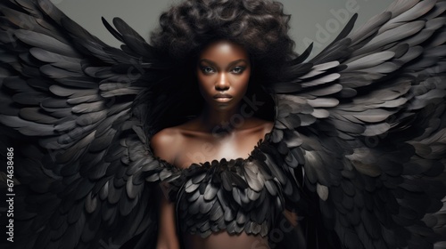 Fashion portrait of a beautiful black angel with wings behind her back