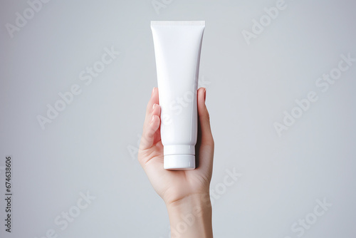 A model hand held a white simple lotion skincare cream tube bottle packaging on a black white background shot in a studio. Generative AI. © Surachetsh