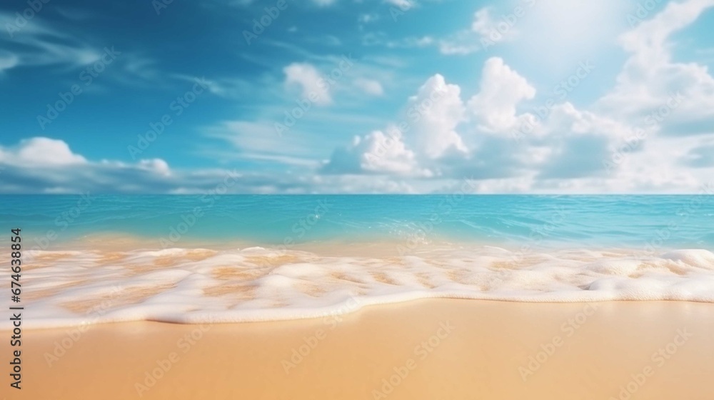 Blur defocused background. Tropical summer beach with golden sand, turquoise ocean and blue sky with white clouds on bright sunny day.
