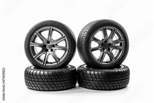 A set of car tires and wheels isolated on a white background