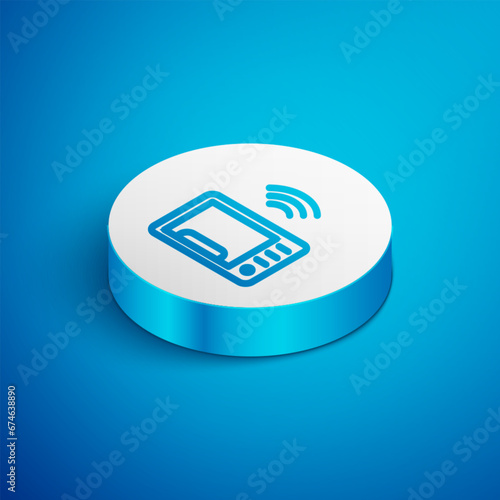 Isometric line Smart microwave oven system icon isolated on blue background. Home appliances icon. Internet of things concept with wireless connection. White circle button. Vector