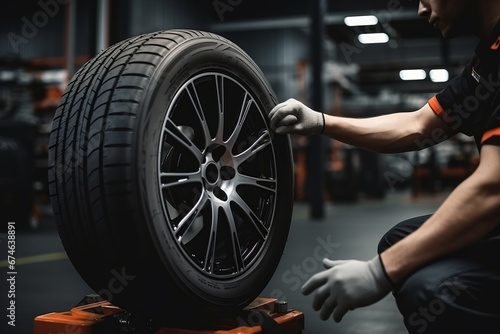 Car tire service with a mechanic holding a new tire
