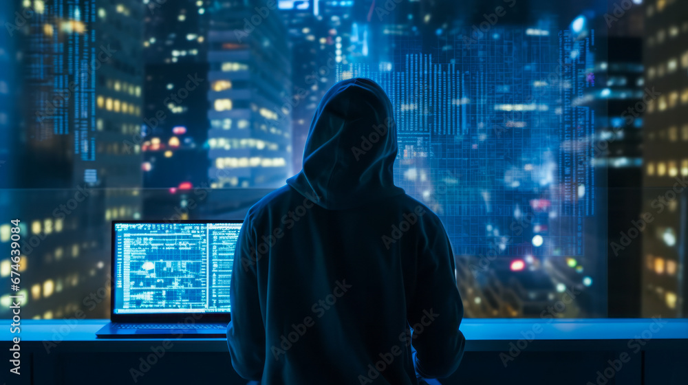 A hacker in dark room in hoodie sitting with night blurred city background. Concept of data protection. Ai generative A hacker in dark room in hoodie sitting with night blurred city background. Concept of data protection. Ai generative