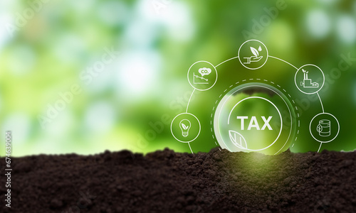 Environmental tax breaks concept. Glass ball with green taxes icons. Using environmental  taxes, carbon tax, environmentally beneficial tax incentives in order to achieve environmental targets.