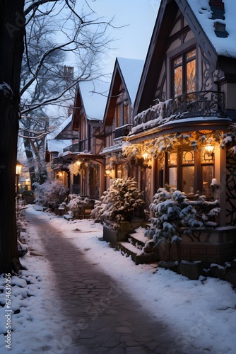 Beautiful winter evening in the old town. Houses in the snow