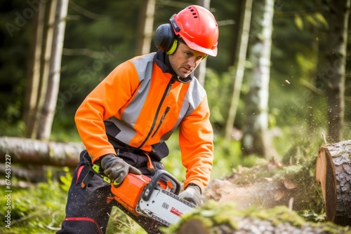 Focused wood man male guy logger worker protective uniform helmet professional logging lumberjack woodcutter chainsaw sawmill tree trunk forest industry timber hard working firewood processing outside photo