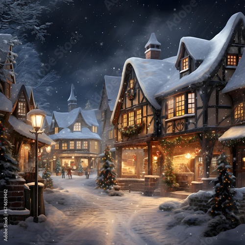 Winter village in the snow at night. Christmas and New Year.