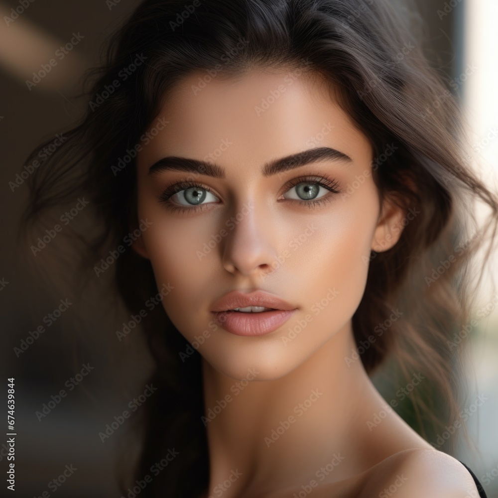 Obraz premium Close-up photo portrait of a beautiful charming woman with natural makeup
