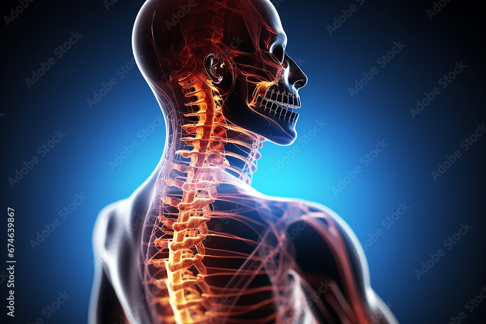 Human neck and spine pain, x-ray image in neon colors. Human neck and spine pain, x-ray image in neon colors.