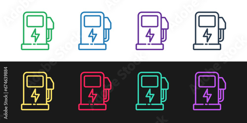 Set line Electric car charging station icon isolated on black and white background. Eco electric fuel pump sign. Vector