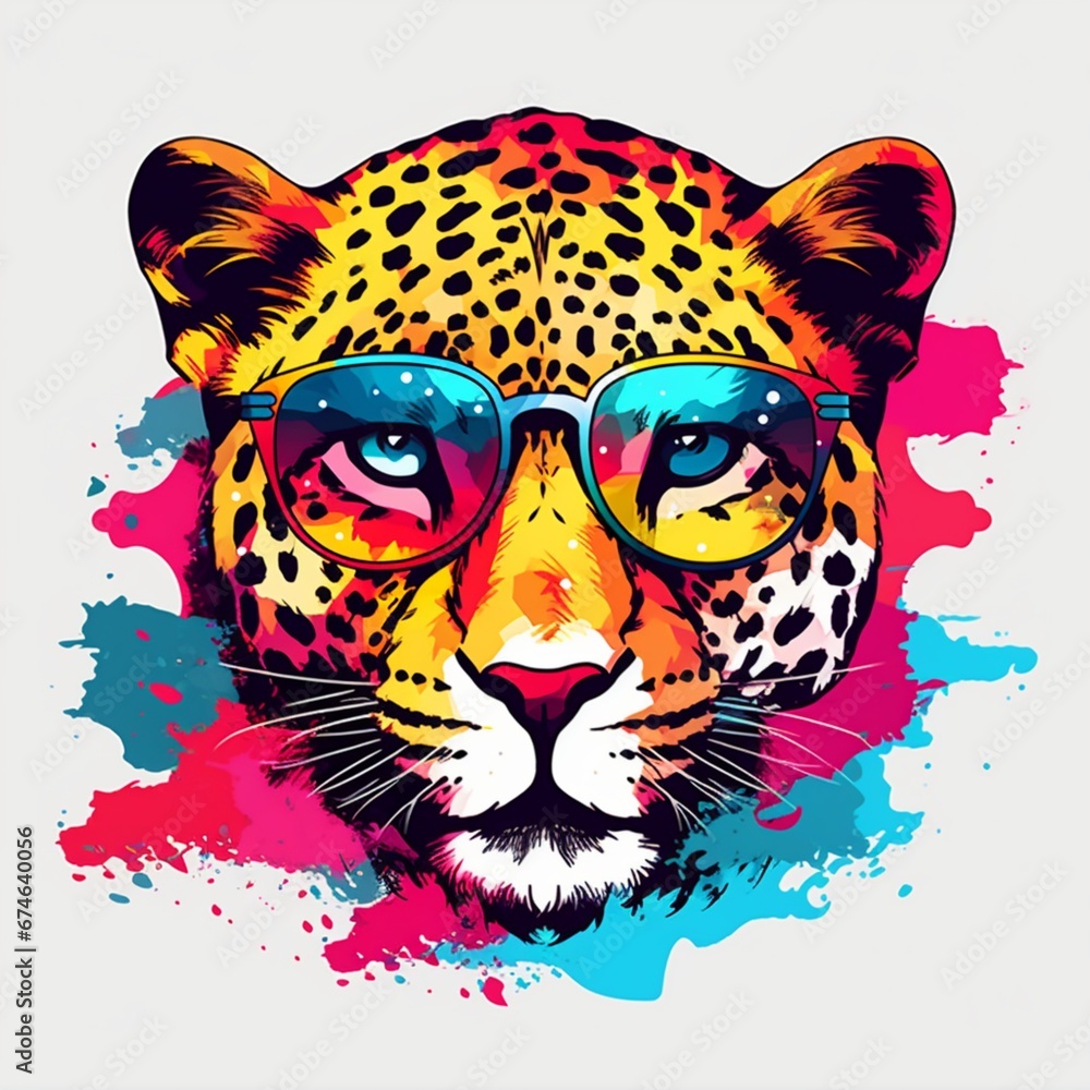 Cartoon colorful leopard with sunglasses on white background.