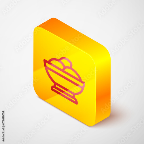 Isometric line Varenyky in a bowl icon isolated on grey background. Pierogi, varenyky, dumpling, pelmeni, ravioli. Traditional Ukrainian food. Yellow square button. Vector