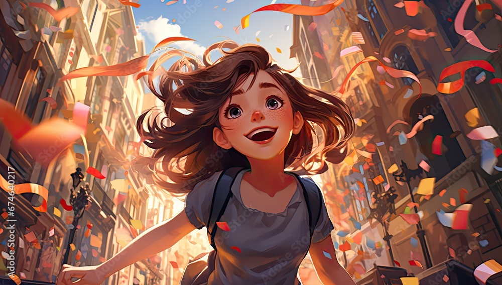 Wesoła dziewczynka biegnąca przez miasto podczas festiwalu. Grafika kreskówka w stylu anime.  - obrazy, fototapety, plakaty 