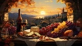 Obraz z włoskim obiadem, deską serów i winem na stole z Italią w tle. 