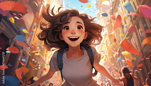Wesoła dziewczynka biegnąca przez miasto podczas festiwalu. Grafika kreskówka w stylu anime. 