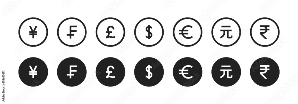 Currency icon set. Dollar, Euro, Pound, Rupee, Yen, Yuan, Franc. Vector EPS 10 Currency icon set. Dollar, Euro, Pound, Rupee, Yen, Yuan, Franc. Vector EPS 10