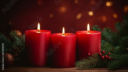 Advent Candles Burning in Red Wreath - Traditional Christmas Symbolism © Sunanta