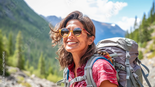 A portrait of smiling girl tourist in beautiful mountain tracking route. Woman wear the sport active wear with backpack. Ai generative