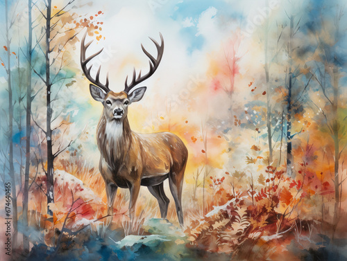 A deer in autumn forest calm and peacful in watercolor and acrylic style