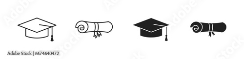 Staudent cap and diploma. Graduation, education icon set. Vector EPS 10