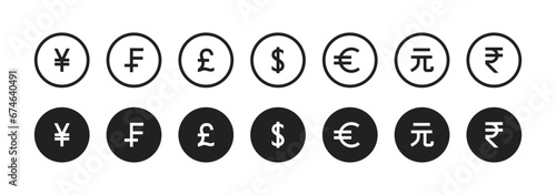 Currency icon set. Dollar, Euro, Pound, Rupee, Yen, Yuan, Franc. Vector EPS 10