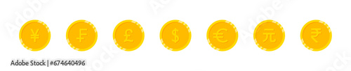 Currency icon set. Dollar, Euro, Pound, Rupee, Yen, Yuan, Franc. Vector EPS 10