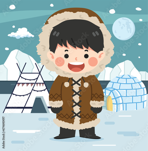 Happy little eskimo boy cartoon on background