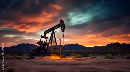 Oil drilling derrick, desert oilfield on sunset. Dramatic lighting. Crude oil production. Petroleum production. Commodities price drop off. Ai generative. photo
