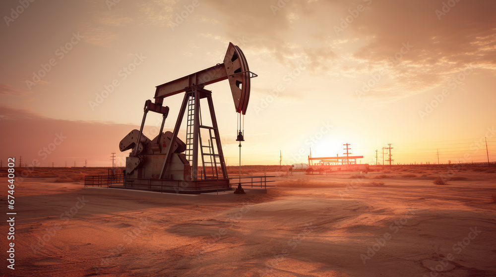 Crude oil production. Black gold drilling derrick, desert oilfield on sunset. Dramatic lighting. Petroleum production. Commodities price rising. Ai generative.