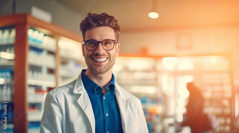 Courteous smiling male pharmacist in white coat assists clients in pharmacy providing advice and help with medications, knowledgeable pharmacist care of customers health
