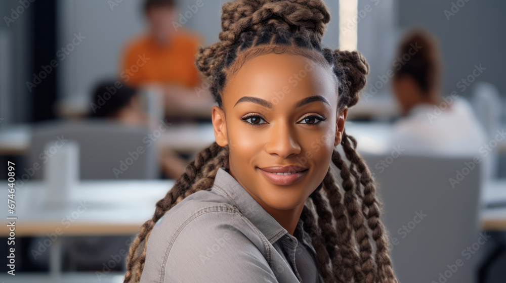 Portrait of Beautiful pretty black woman with stylish hair braids. Businesswoman looks at the camera and smiles. Office background. Ai generative. Portrait of Beautiful pretty black woman with stylish hair braids. Businesswoman looks at the camera and smiles. Office background. Ai generative.