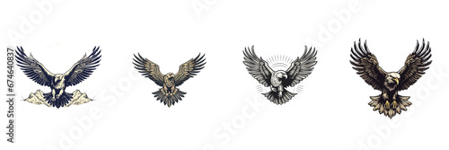 Set of Flying eagle logotype mascot in engraving style. Vector illustration of sign or mark photo