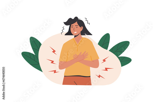 Young woman having chest pain medical composition. A person experiencing a heart attack. Patient with stroke. Heart problem. Cardiac Distress. Vector trendy illustration isolated on white background.