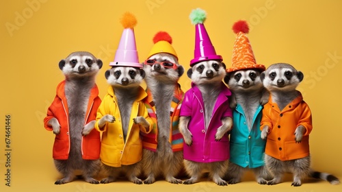 Creative animal concept. Meerkat in a group  vibrant bright fashionable outfits isolated on solid background advertisement  copy text space. birthday party invite invitation banner