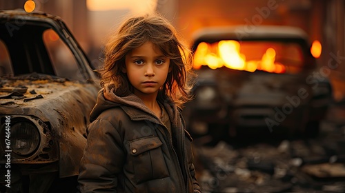 Poor girl in the street of a destroyed city